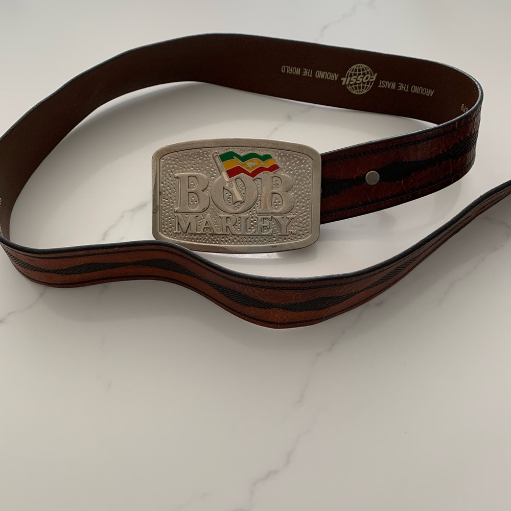 Bob Marley Whailers Reggae One Love Rasta Belt Buckle & Fossil Belt 34”